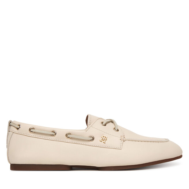 Półbuty Tommy Hilfiger Th Sleek Leather Boat Shoe FW0FW09148 Écru - kobiece