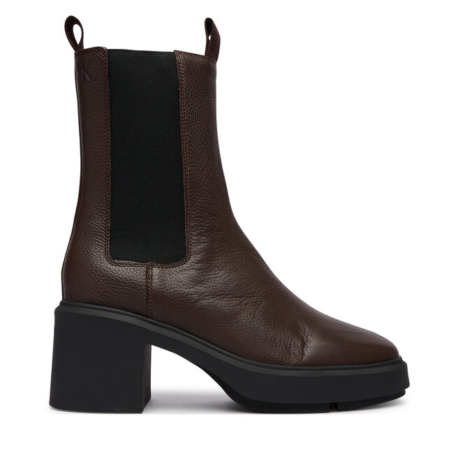 Botki Calvin Klein Block Heel Chelsea Boot Lth HW0HW03694 Brązowy ciemny - kobiece
