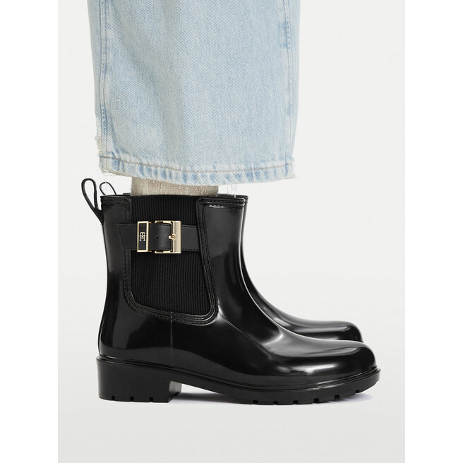 Kalosze Tommy Hilfiger Th Buckle Glossy Ankle Rain Boot FW0FW09543 Czarny - kobiece
