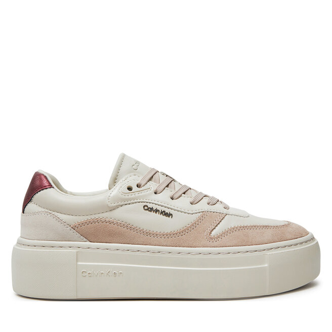 Sneakersy Calvin Klein Ff Cupsole Lace Up W/Ml Mix M HW0HW02125 Beżowy - kobiece