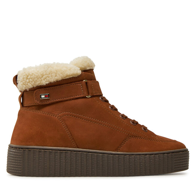 Trzewiki Tommy Hilfiger Faux Fur Nubuck Low Lace-Up FW0FW08172 Brązowy - kobiece
