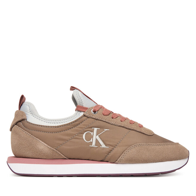 Sneakersy Calvin Klein Retro Runner Sock Laceup Mix Mat YW0YW02060 Brązowy - kobiece