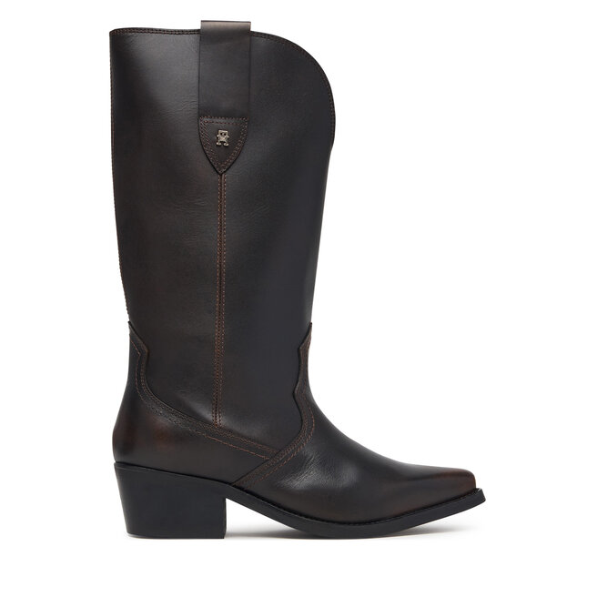 Kozaki Tommy Hilfiger Leather Mid Calf Western Boot FW0FW09798 Brązowy ciemny - kobiece
