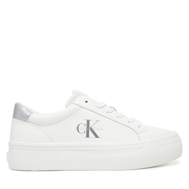 Sneakersy Calvin Klein Vulc Flatf Lth Silver Logo Tag YW0YW01877 Biały - kobiece