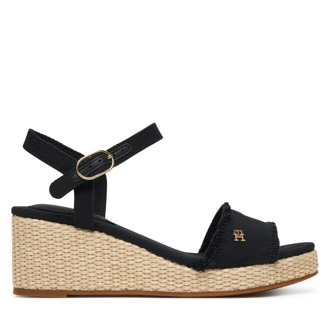 Sandały Tommy Hilfiger Mid Woven Wedge Espad Fringe FW0FW09470 Czarny - kobiece