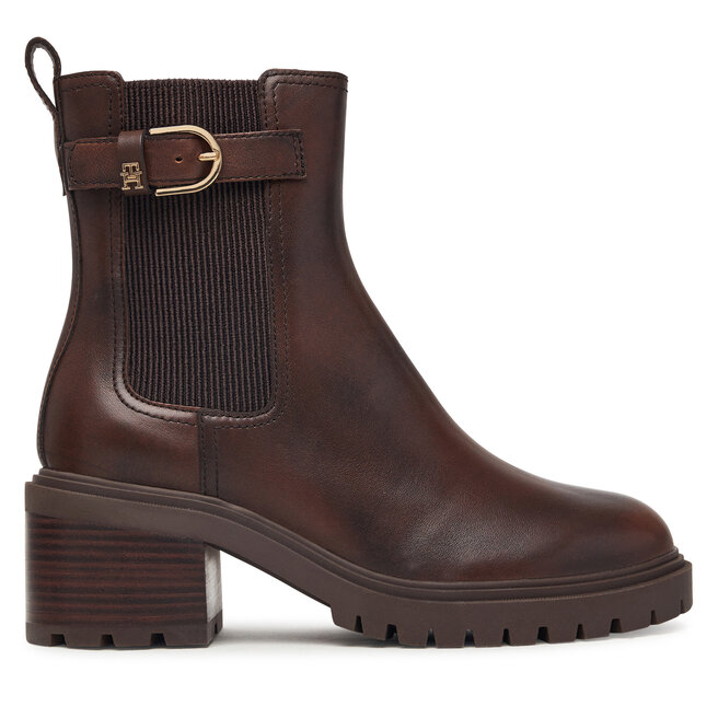 Botki Tommy Hilfiger Block Heel Buckled Chelsea Boot FW0FW09577 Brązowy ciemny - kobiece