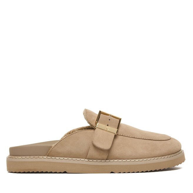 Klapki Tommy Hilfiger Th Buckle Fur Suede Mule FW0FW09083 Beżowy -