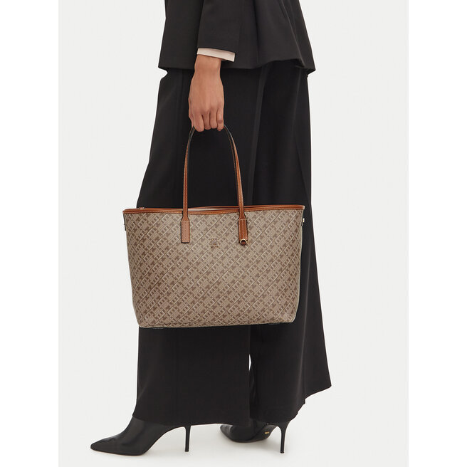 Torebka Tommy Hilfiger Th Monoplay Leather Tote AW0AW17416 Beżowy jasny -
