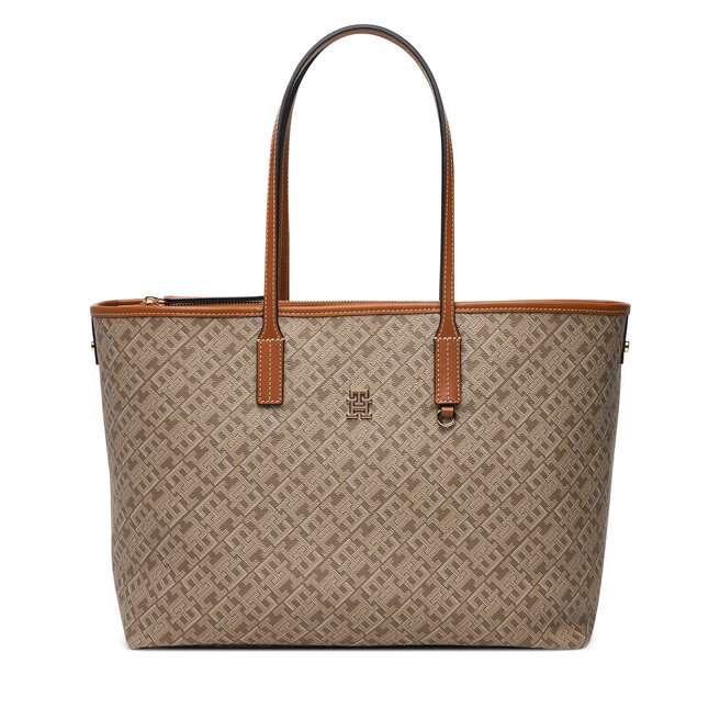 Torebka Tommy Hilfiger Th Monoplay Leather Tote AW0AW17416 Beżowy jasny -