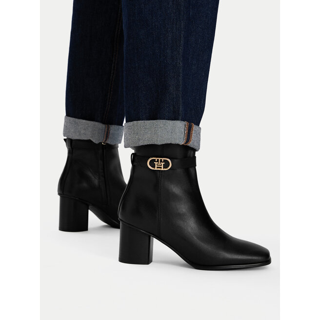 Botki Tommy Hilfiger Th Strap Leather Block Heel Boot FW0FW09488 Czarny - kobiece
